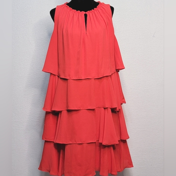 Nicole Miller CORAL Ruffled Tiered Midi Dress#789 - Picture 1 of 4